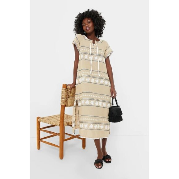 Tuckernuck Sand Soleil Montpellier Caftan Beach Dress Tan Blue Tie Neck Small S - Picture 1 of 7